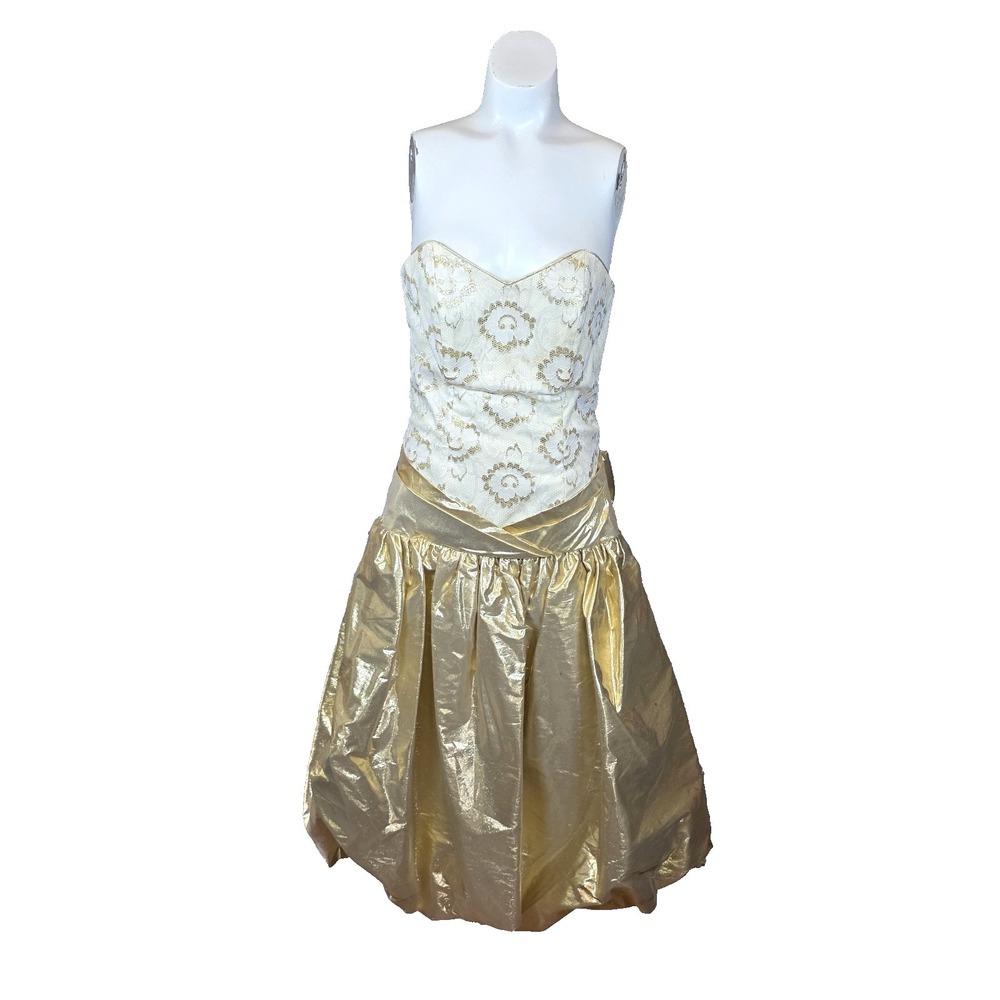 Vtg 80s Gold Lame Bubble Dress Strapless Metallic Brocade Prom Party Pouf Medium